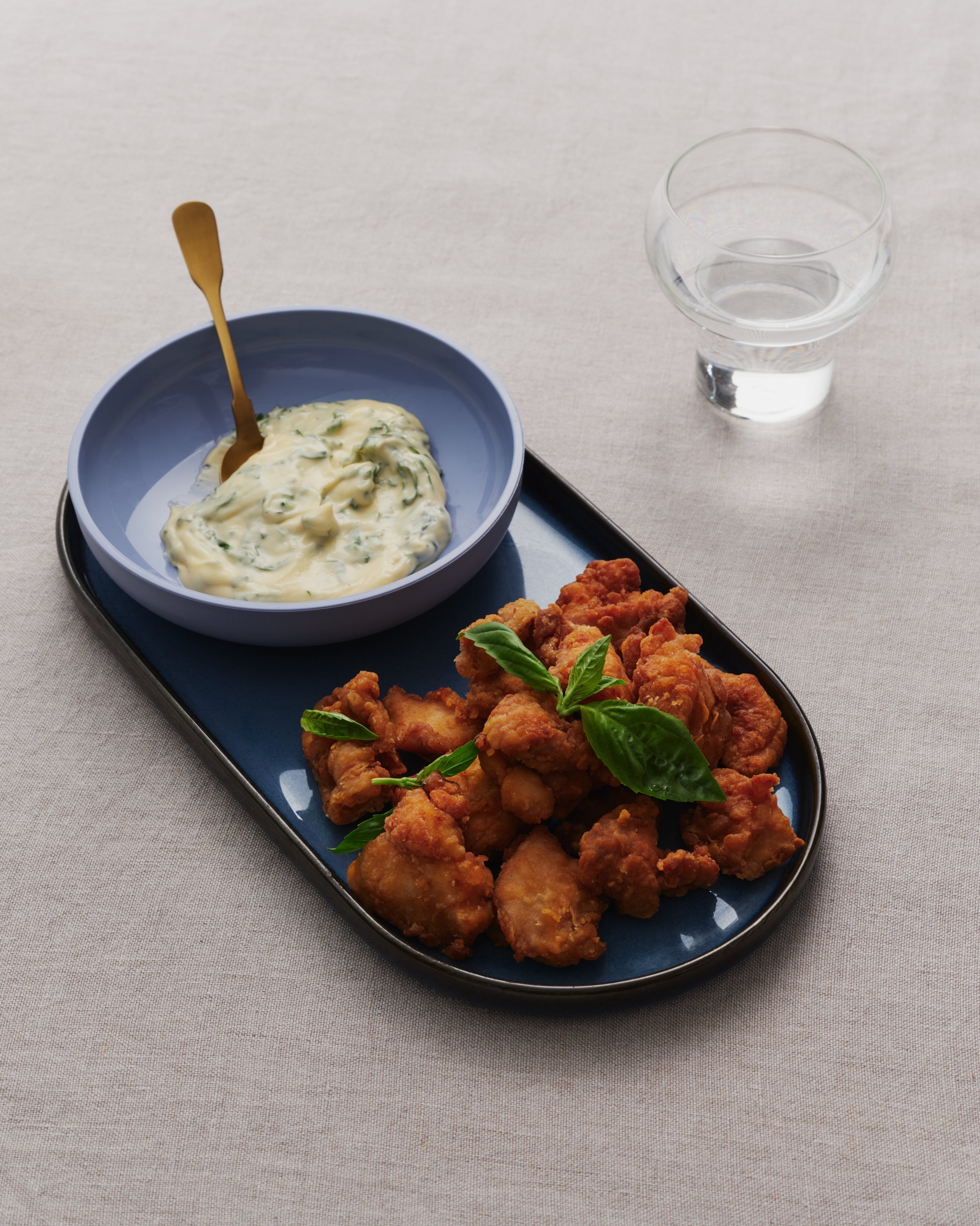 wasabi-marinated karaage fried chicken and basil mayonnaise.