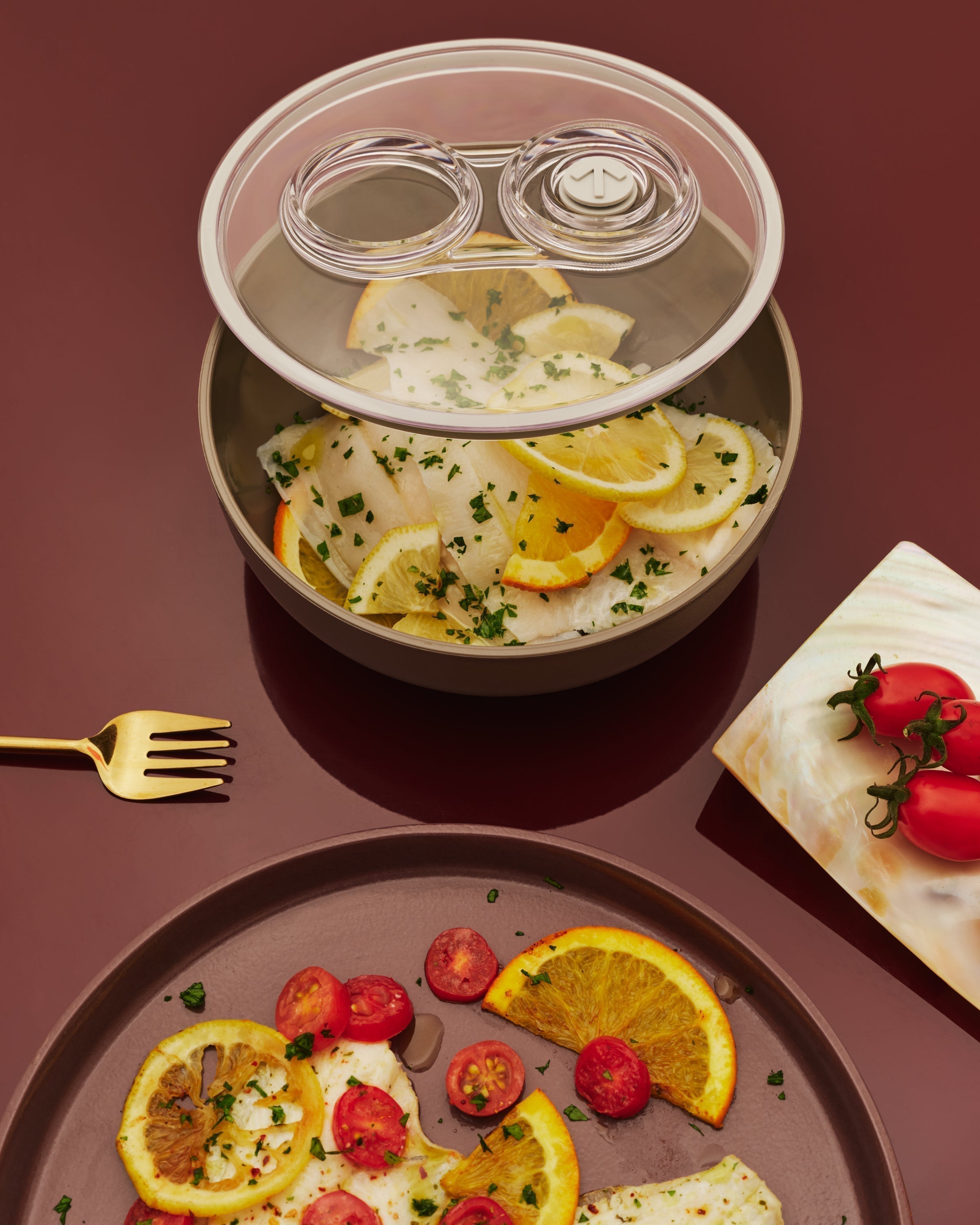 citrus-marinated acqua pazza bass.