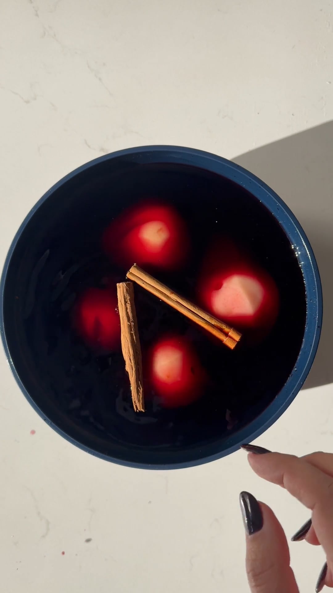 cubes filled with custard and red wine pears.